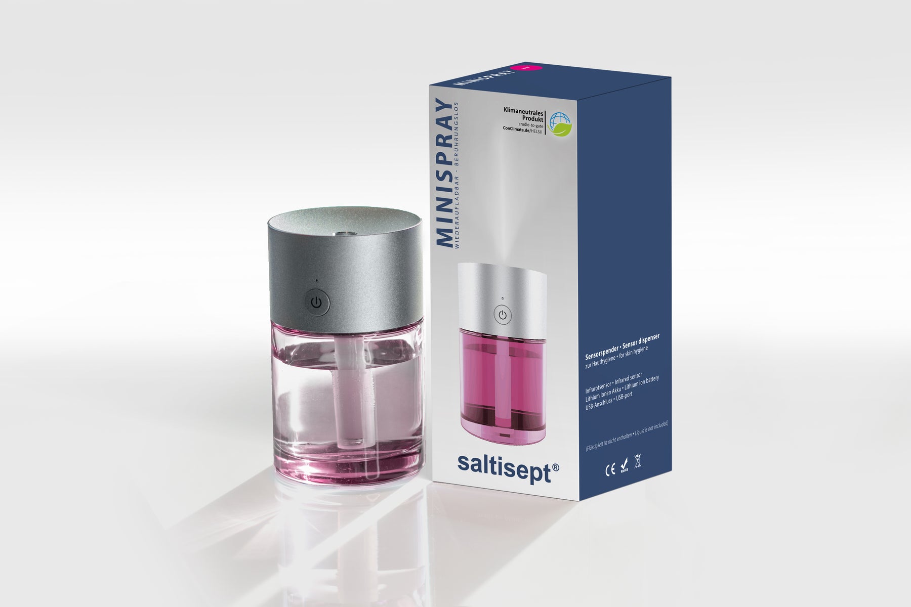 Sparbundle!!! Saltisept Minispray - Design - Sensorspender zur Hauthygiene Set 2x purple rose und 1x 100ml Desinfektionsflüssigkeit